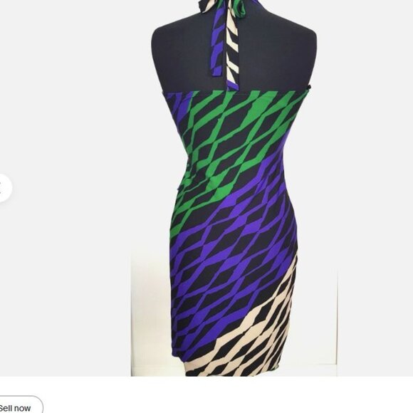 BCBG MAXAZRIA Ruched Halter Dress Size Large Zebra Print Blue Green Cocktail - Picture 2 of 6